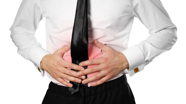Businessman White Shirt Tie Holding His Stomach Abdominal Pain Isolated — Stock Photo, Image