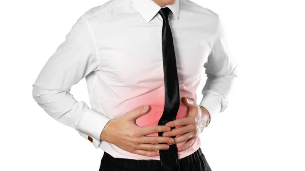 Businessman White Shirt Tie Holding His Stomach Abdominal Pain Isolated — Stock Photo, Image