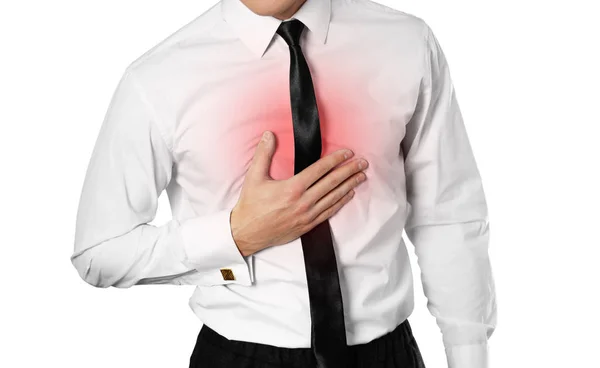 Businessman White Shirt Tie Holding His Chest Chest Pain Heartburn — Stock Photo, Image