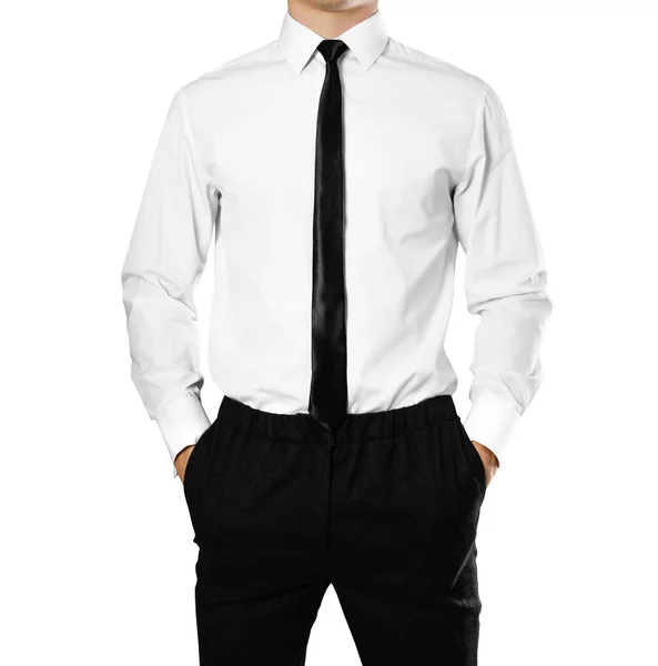 Businessman White Shirt Tie Holding Hands His Pockets Isolated Background — Stock Photo, Image