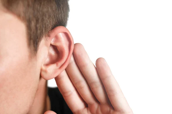 Człowiek Problem Słuchu Białym Tle Bliska — Zdjęcie stockowe