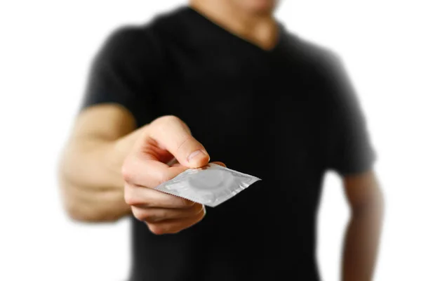 Man Hand Holding Single Condom Close Isolated White Background — Stock Photo, Image