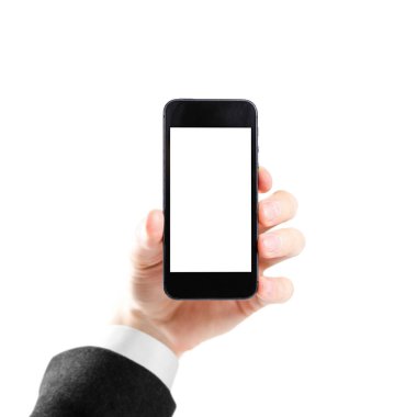 Beyaz gömlek ve siyah ceket siyah telefon boş beyaz ekran ile tutarak el. Yakın çekim. Beyaz arka plan üzerinde izole.