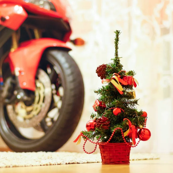 Küçük Noel ağacı. Yakın çekim. Arka planda bir spor bisikleti olduğunu.