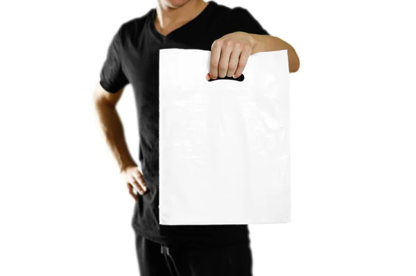 Homem Com Saco Plástico Branco Fecha Isolado Sobre Fundo Branco — Fotografia de Stock