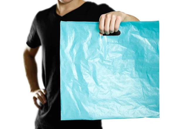 Мужчина Бирюзовым Пластиковым Пакетом Закрывай Изолированный Белом Фоне — стоковое фото