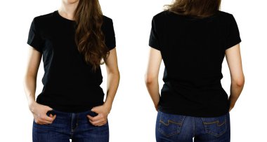 Boş bir siyah t-shirt bir kız. Önden ve arkadan görünüm. Yakın çekim. Beyaz arka plan üzerinde izole.