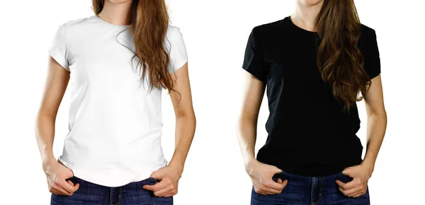 Ein Mädchen Einem Leeren Weißen Und Schwarzen Shirt Frontansicht Nahaufnahme — Stockfoto