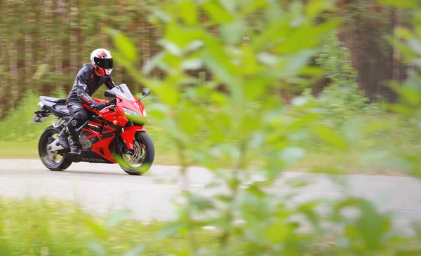 Krasnoyarsk Russia June 2018 Beautiful Motorcyclist Full Gear Helmet Red — Stock Photo, Image