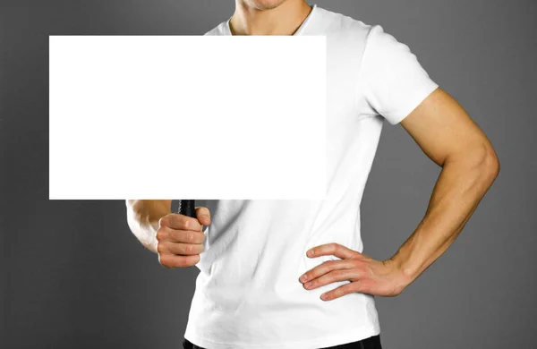 Mann Mit Einem Pappschild Mit Griff Nahaufnahme Isolierter Hintergrund — Stockfoto