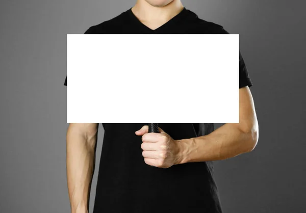 Man Holding Cardboard Sign Handle Close Isolated Background — Stock Photo, Image