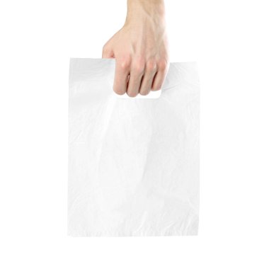El plastik torba tutarak. Yakın çekim. Beyaz arka plan üzerinde izole.