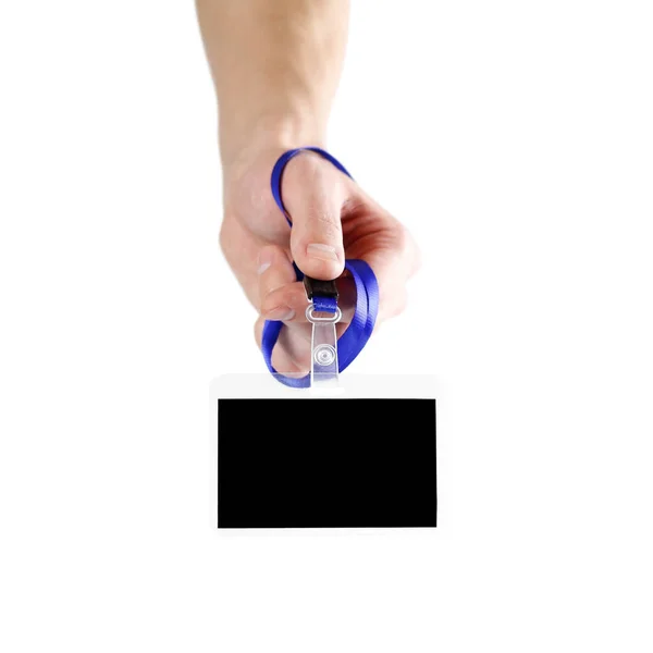 Hand Met Badge Close Geïsoleerd Witte Achtergrond — Stockfoto