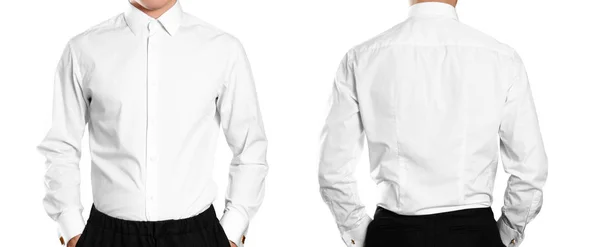 Homem Camisa Branca Frente Atrás Fecha Isolado Sobre Fundo Branco — Fotografia de Stock