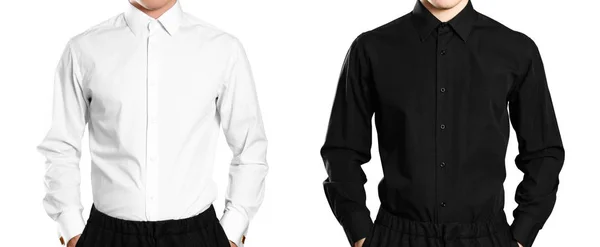 Man Witte Zwarte Shirt Voorkant Close Geïsoleerd Witte Achtergrond — Stockfoto