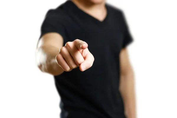 Bir Shirt Bir Erkekte Bir Parmak Ekran Gösterir Yakın Çekim — Stok fotoğraf