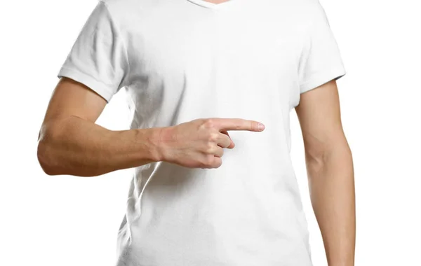 Man Shirt Som Pekar Sidan Närbild Isolerade Bakgrund — Stockfoto