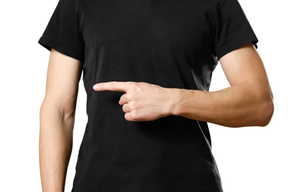 Een Man Een Shirt Die Wijzen Naar Kant Close Geïsoleerde — Stockfoto