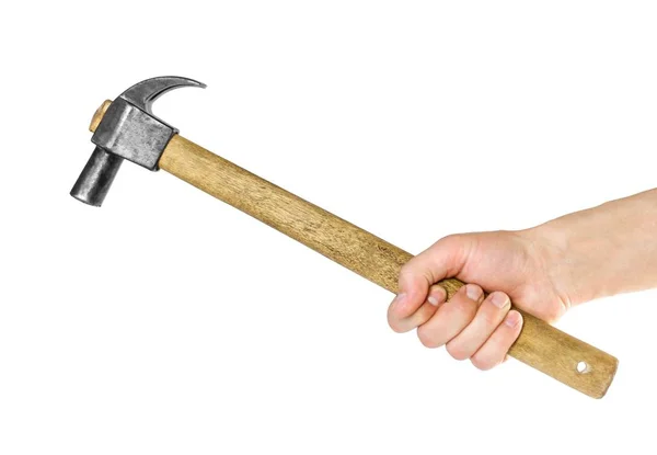 Hand holding a hammer with a wooden handle. Close up. Isolated o — Stock Photo, Image