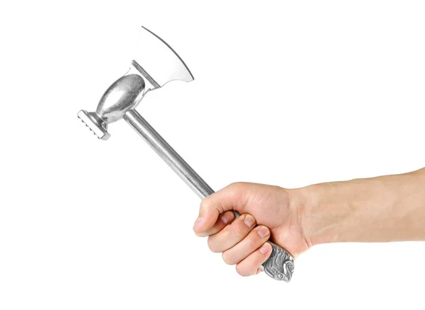 Hand holding a small hammer for meat. Close up. Isolated on whit — Stock Photo, Image