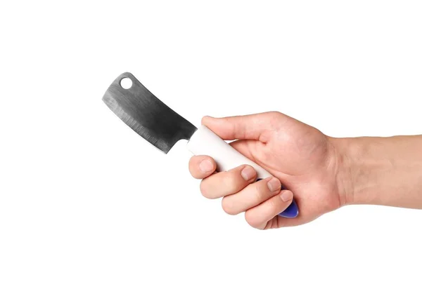 Ręka trzyma nóż. Z bliska. Izolowane na białym rynek — Zdjęcie stockowe