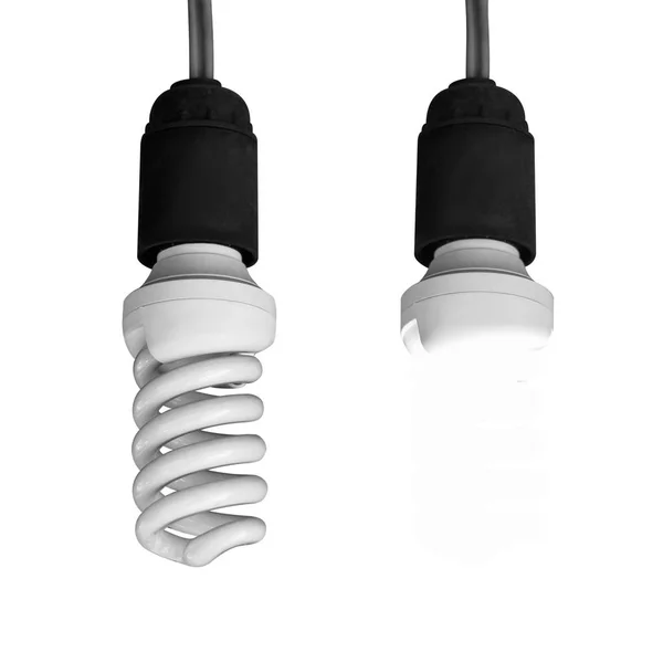 Energiesparlampe auf weißem Hintergrund. Ein und aus. schließen — Stockfoto