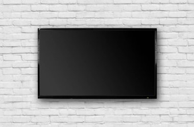 Beyaz tuğla duvara asılı ince siyah çerçeveli Lcd Tv. Bl