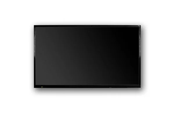 TV LCD con marco negro delgado colgando en la pared blanca. Negro en blanco — Foto de Stock