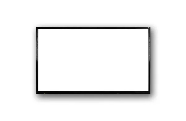 LCD-Fernseher mit dünnem schwarzem Rahmen, der an einer weißen Wand hängt. blanko weiß — Stockfoto