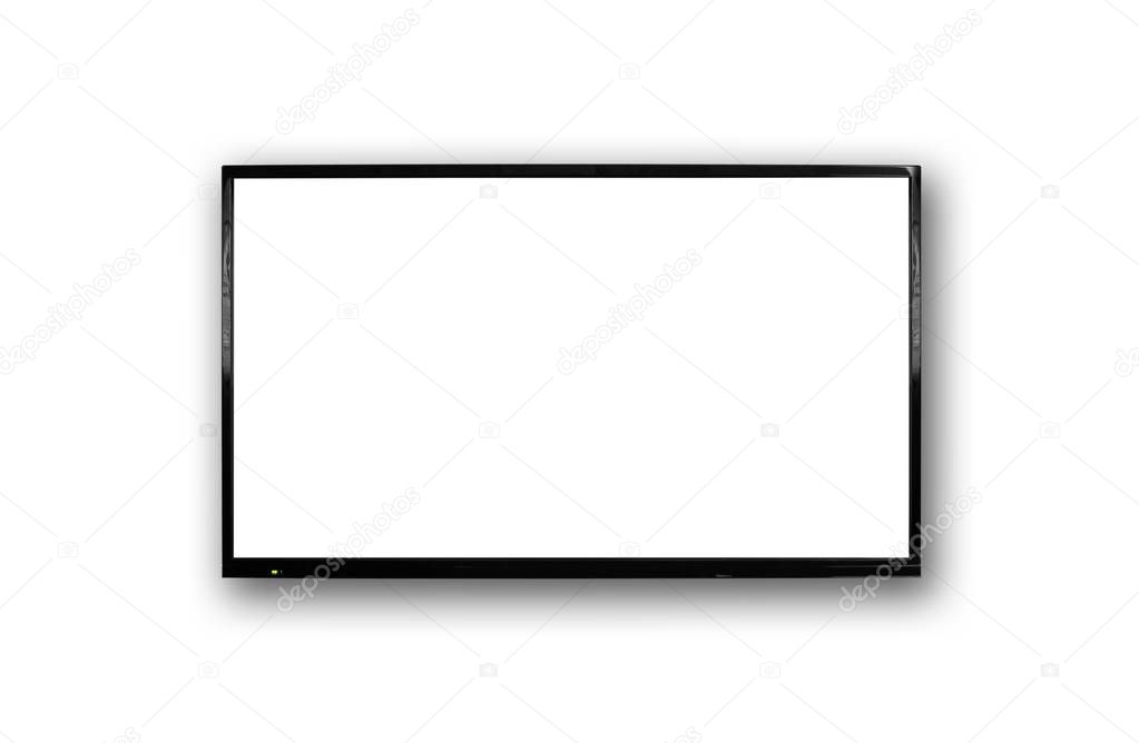 LCD TV with thin black frame hanging on white wall. Blank white 