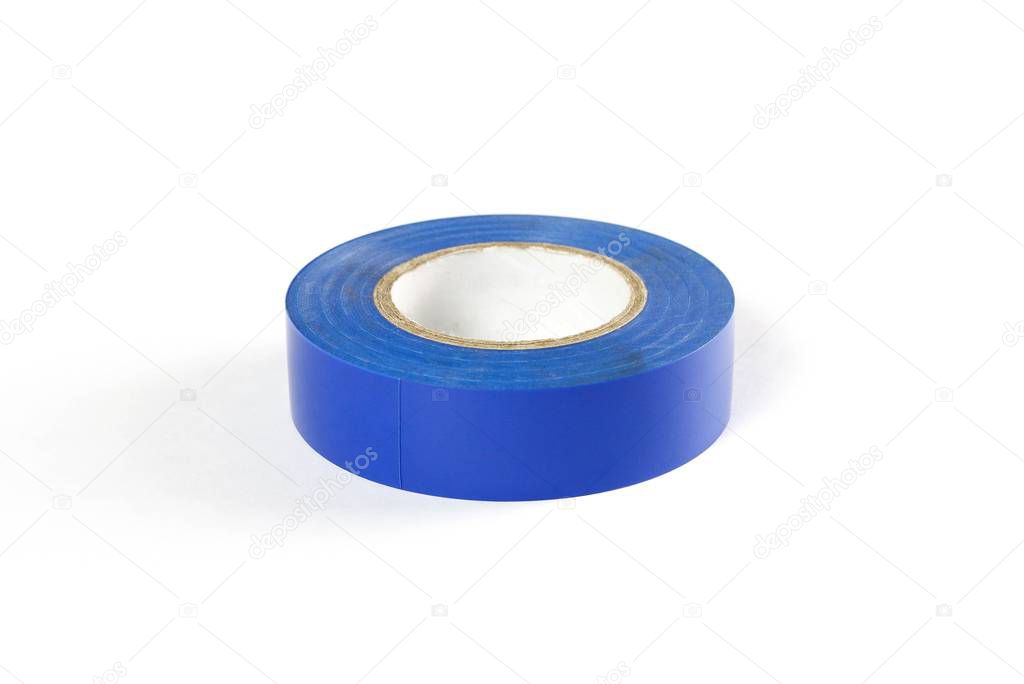 Blue insulation tape. Close up. Isolated on white background