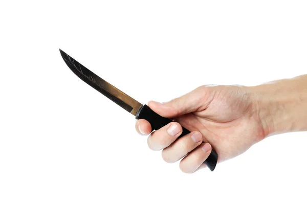 검은 손잡이로 금속 칼을 들고 있는 손. 닫아. 고립된 O — 스톡 사진