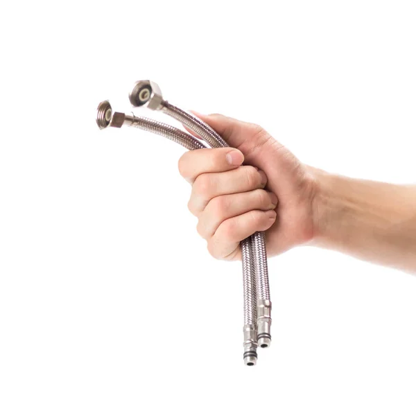 Hand Holds Reinforced Hoses Connecting Plumbing Close Isolated White Background — Stock Photo, Image