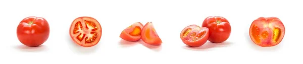 スライスした赤いトマトのセット 閉めろ 白い背景に隔離された — ストック写真