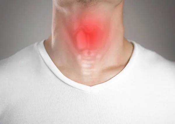 Sore Throat Man Highlighted Red Gray Background Close — Stock Photo, Image