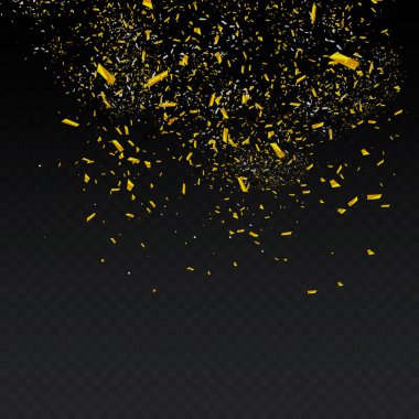 Altın konfeti. Vektör şenlikli illüstrasyon izole şeffaf damalı zemin üzerine düşen parlak konfeti. Tatil dekoratif Tinsel unsur tasarımı için