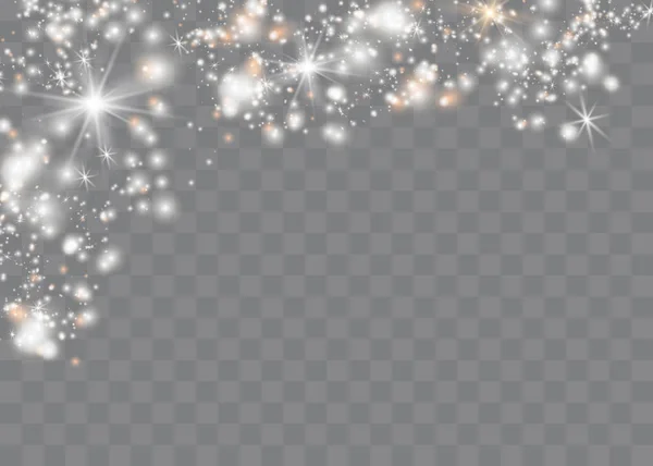 Toz sarıdır. Sarı kıvılcımlar ve altın yıldızlar özel ışıkla parlıyorlar. Şeffaf bir arkaplanda vektör parıldıyor. Noel ışığı etkisi. Parlak sihirli toz parçacıkları.