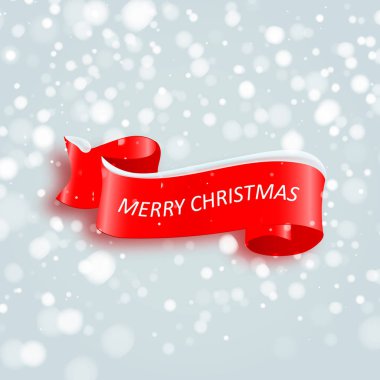 Neşeli Noel Kutlamaları ve arka plan kırmızı gerçekçi şerit afiş kar. Vektör çizim