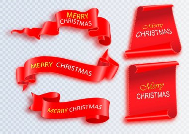 Neşeli Noel Kutlamaları ve arka plan kırmızı gerçekçi şerit afiş kar. Vektör çizim