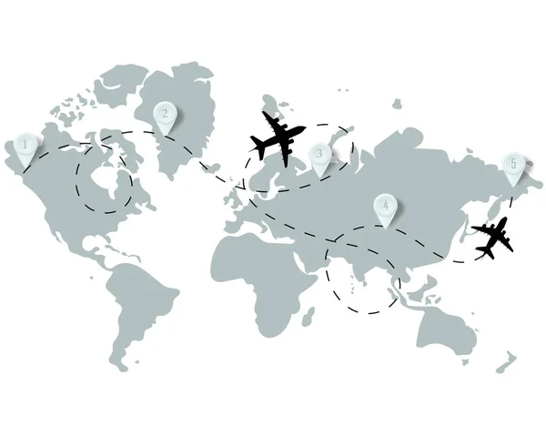 Flugzeugreisekonzept. Flugzeug mit Startpunkt und Route. Vektorhintergrund. — Stockvektor