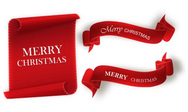 Neşeli Noel Kutlamaları ve arka plan kırmızı gerçekçi şerit afiş kar. Vektör çizim