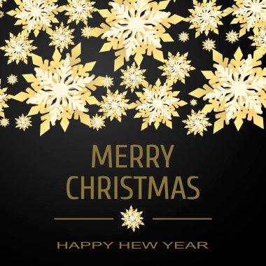 Parlak altın kar taneleri ve karlı Noel arkaplanı. Siyah arka planda mutlu noel kartı çizimleri. Işıltılı desenli altın kar taneleri