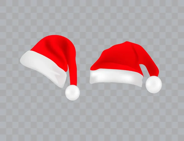 Grand ensemble de chapeaux de Père Noël réalistes isolés sur fond transparent. Vecteur santa claus chapeau colllection, chapeau de vacances à l'illustration de Noël — Image vectorielle