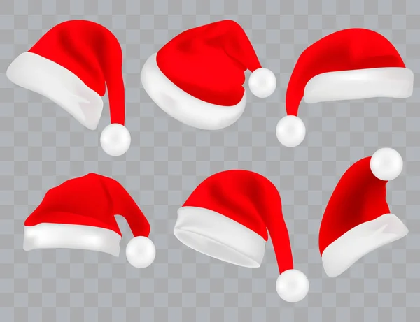 Grote reeks van realistische Santa hoeden geïsoleerd op transparante achtergrond. Vector Kerstman hoed colllection, vakantie GLB xmas afbeelding — Stockvector
