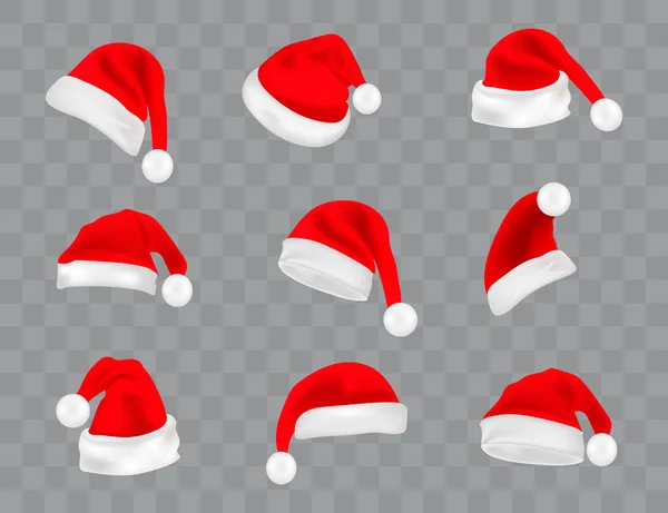 Grande set di cappelli Babbo Natale realistici isolati su sfondo trasparente. Raccolta di cappelli di Babbo Natale vettoriale, cappello natalizio all'illustrazione di Natale — Vettoriale Stock