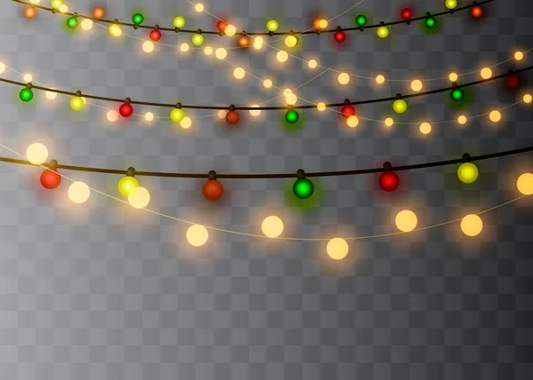 Christmas lights isolated on transparent background. Xmas glowing garland. Vector illustration — Stock Vector