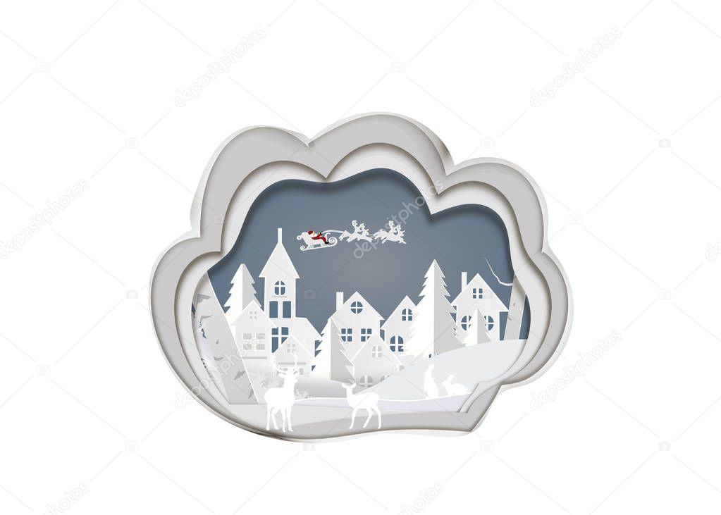 Illustration of winter season and Merry Christmas . The animal in forest with Santa Claus on the sky coming to City ,paper art and digital craft style