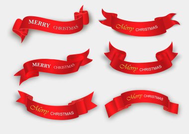 Neşeli Noel Kutlamaları ve arka plan kırmızı gerçekçi şerit afiş kar. Vektör çizim