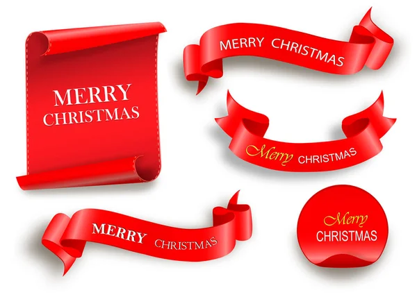 Merry Christmas Celebration Background Red Realistic Ribbon Banner Snow Vector — Stock Vector