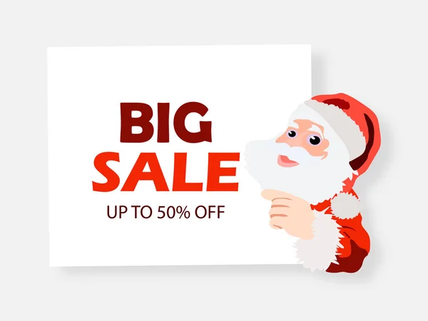 Banner de gran venta. Santa Claus con letrero. Lindo Santa parado detrás de un cartel en blanco. Ilustración vectorial . — Vector de stock